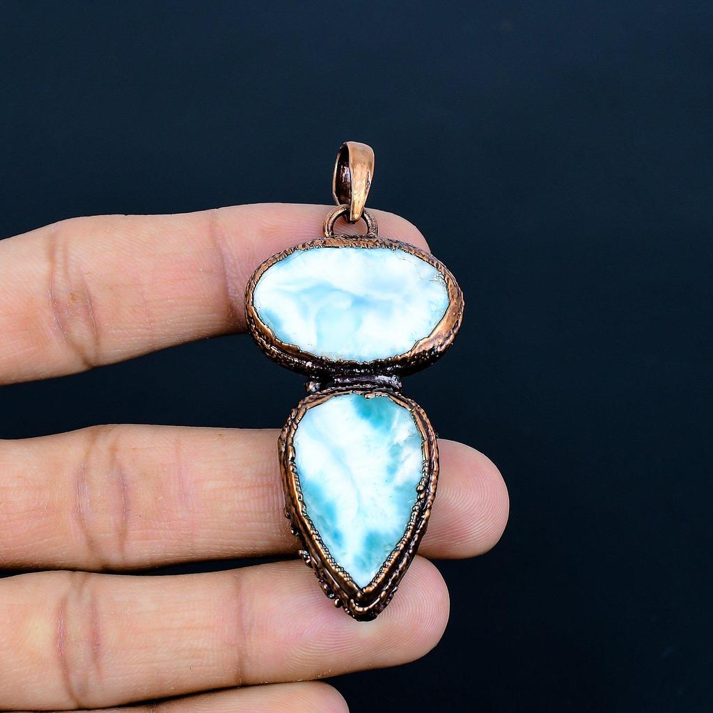 Larimar Pendant Gemstone Jewelry, Copper Electroformed Pendant, Handmade Jewelry Birthstone Pendant, Gift For Him