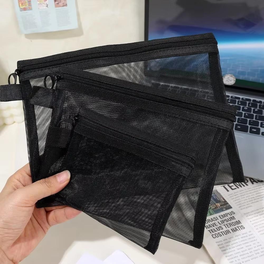 3pcs Black Nylon Mesh Cosmetic Bag Zipper Toiletry Organizer Makeup Bags Multifunctional Women Lipstick Key Coin Purse Pouch