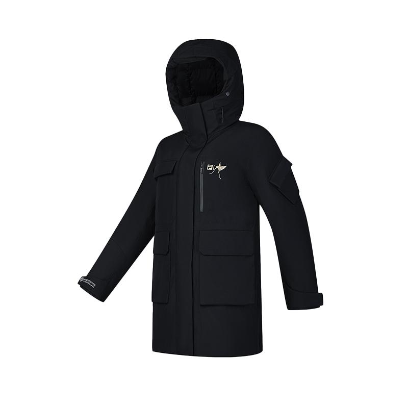 FILA Explore Series Solid Color Logo Print Mid-Length Hooded Long Sleeve Down Jacket Women outerwear Deep-Black A11W447916FBK