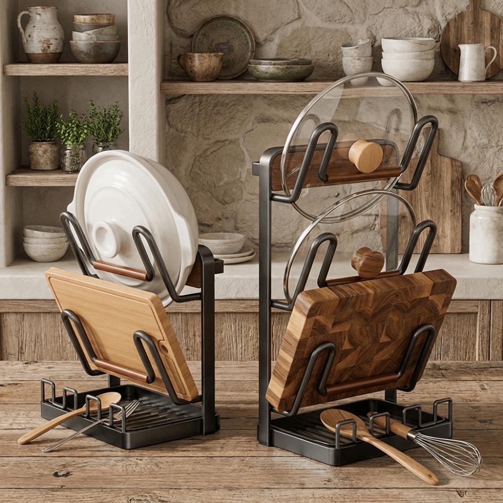Carbon Steel Pot Lid Rack Rustproof Stable Cutting Board Holder Removable Drip Tray Space Saving Chopping Board Organizer
