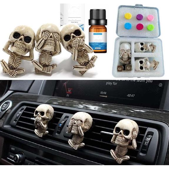 Evil Skull Car Air Fresheners Vent Clips, Cool Skull Car Accessories With 6 Felt Pads, Cute Automotive Halloween Decorations Interior For Men Women