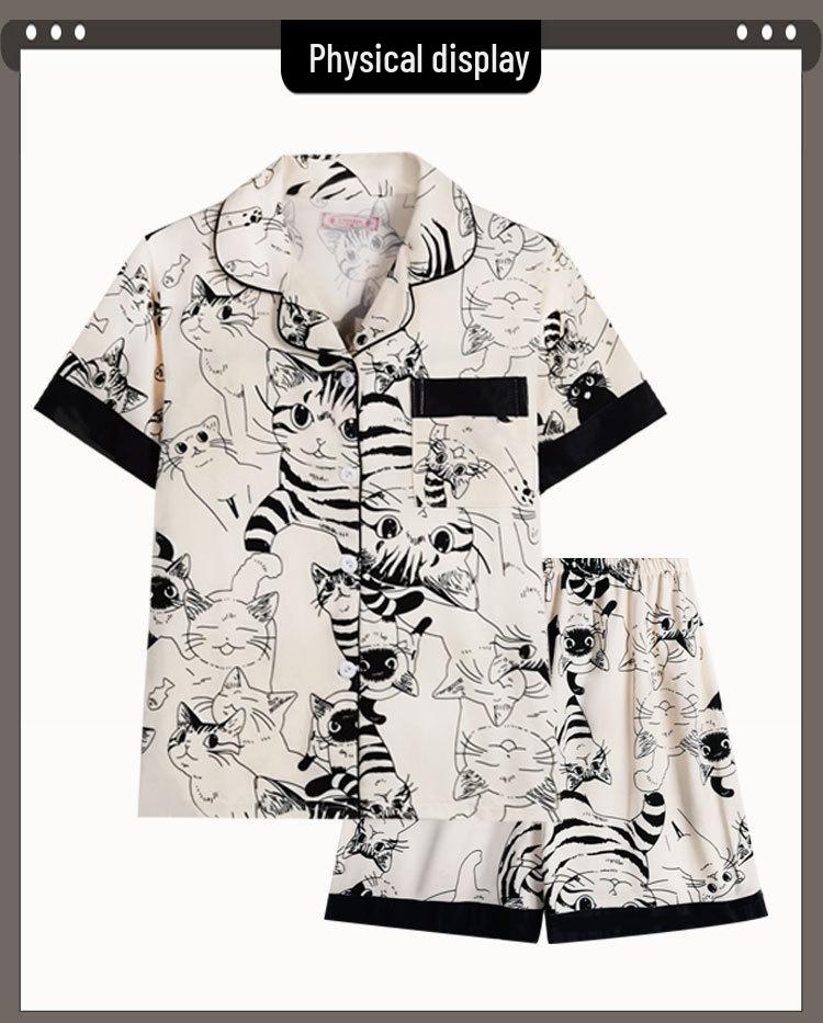 Women's Cartoon Cat Pajama Set - Summer Cardigan, Short Sleeve, Shorts, Loose Plus Size Loungewear