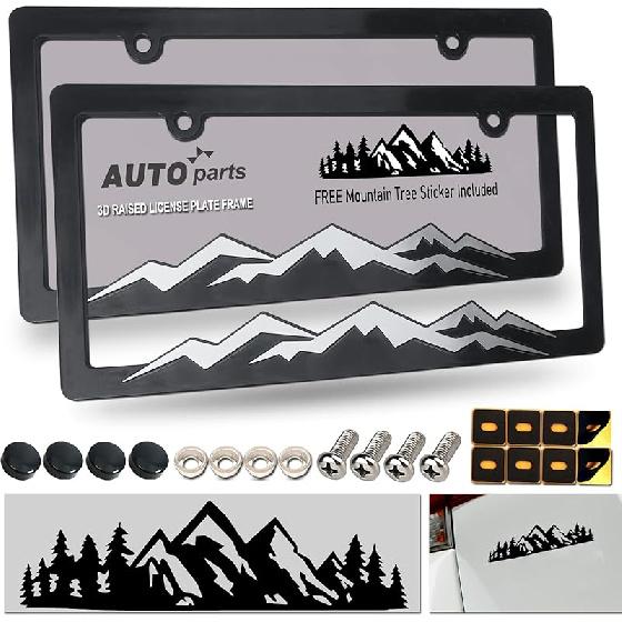 Mountain License Plate Frames- Plastic Black Car Tag Holder Bracket With Screws Caps, 2 Packs 2 Hole, White On Black, Mountain Vinyl Sticker Included