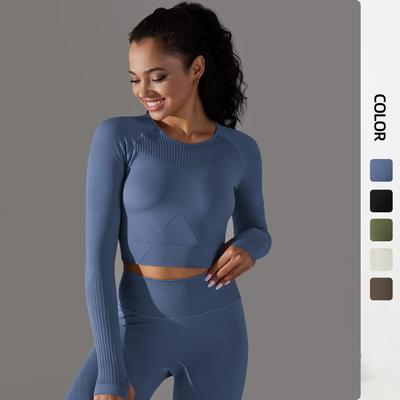 Seamless Knit Solid Color Breathable High Elastic Jacquard Long Sleeve Sports Running Fitness Yoga Wear Women's T-shirt