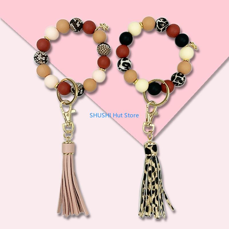 for Key Ring Bracelet Car Keychain Holder for Women Silicone Beaded Bangle Wrist D57B