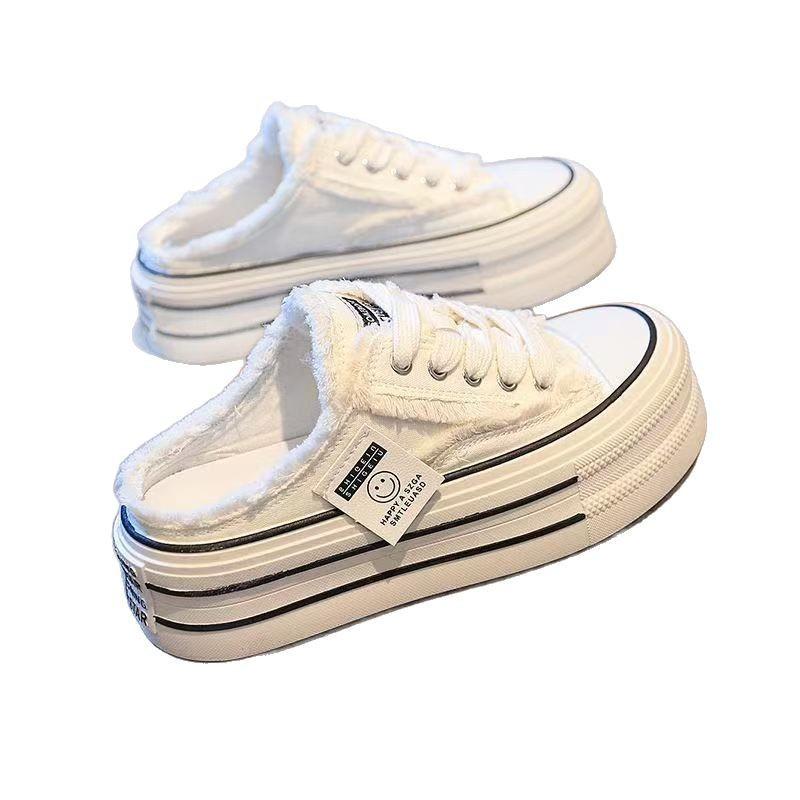 Baotou slippers wear 22 spring new canvas shoes without heel lazy half drag platform beggar shoes