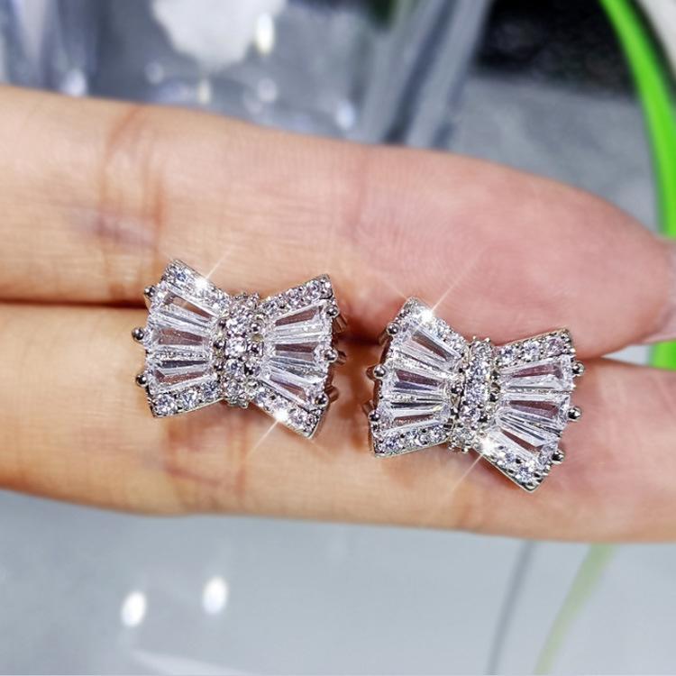 Korean Version Simple Bow Necklace Earrings Three Piece Set Platinum Plated Set with Zirconium Womens Fashion Accessories