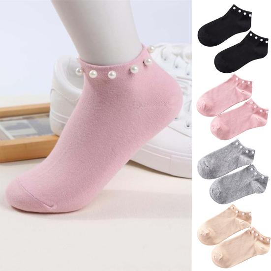 Women's Solid Color Faux Pearl Beading Breathable Cotton Low Cut Ankle Socks