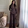 Women's 2 Piece Outfit Zip Up Stand Collar Cinched Waist Top Split Hem Wide Leg Pants Set Solid Color