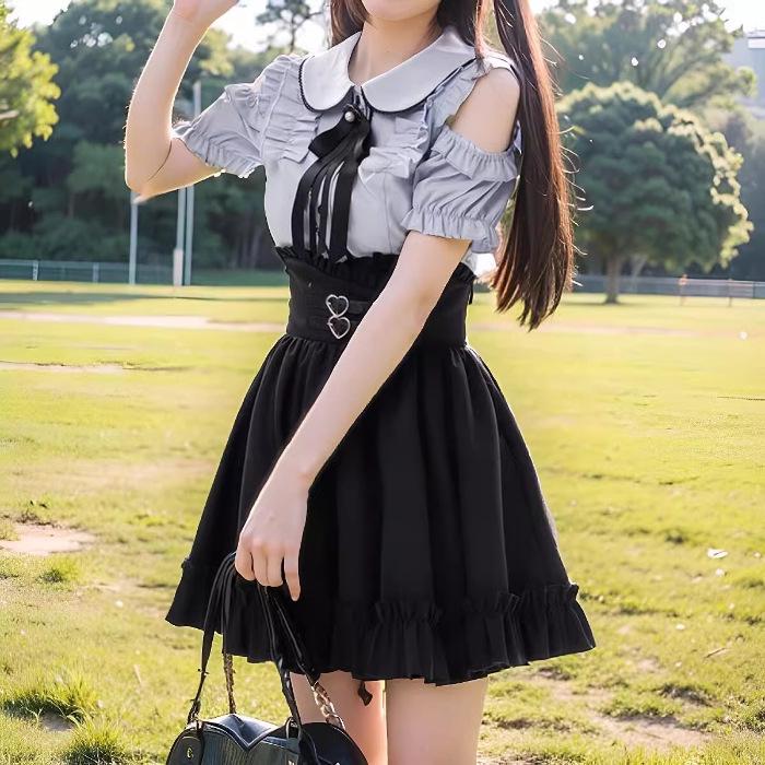 Petite Summer Two-Piece Set: Sweet Peter Pan Collar Off-Shoulder Blouse & High Waist Skirt.