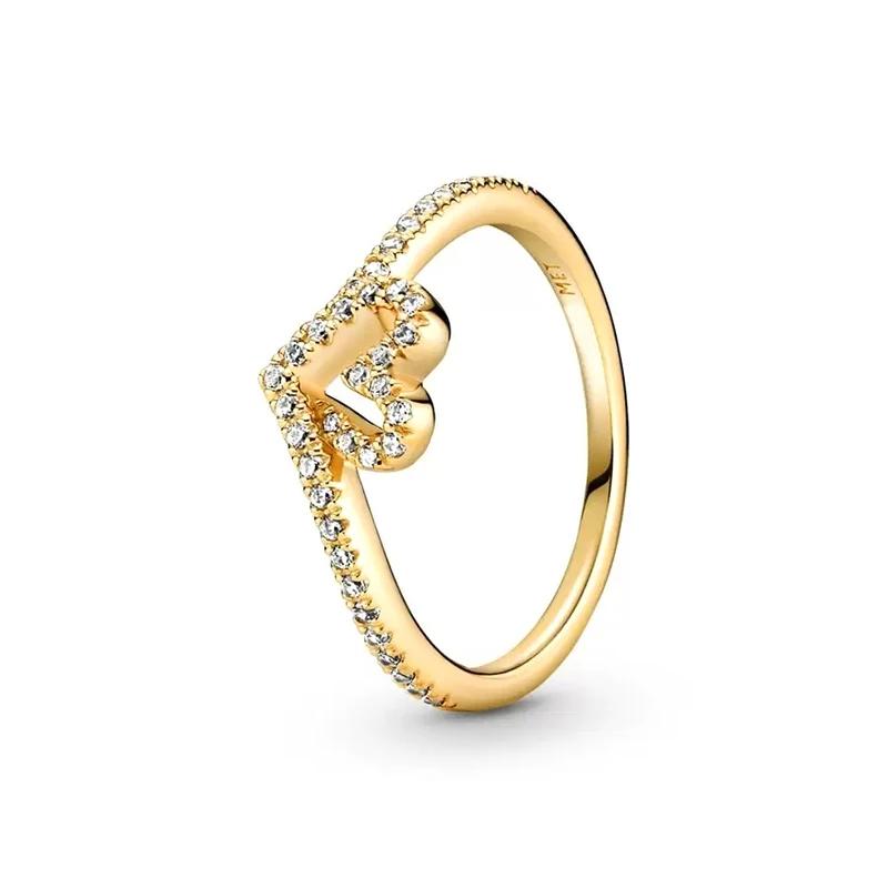 2025 Gold Plated Ring Zircon Sparkling Princess Wishbone Heart Women  Fine Jewelry