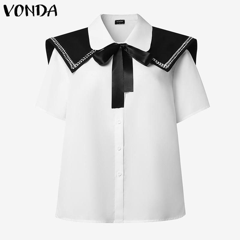 VONDA Two Pieces Women Summer Naval Collar Short Sleeve Preppy Style Tops and Mini Pleated Skirts Sets