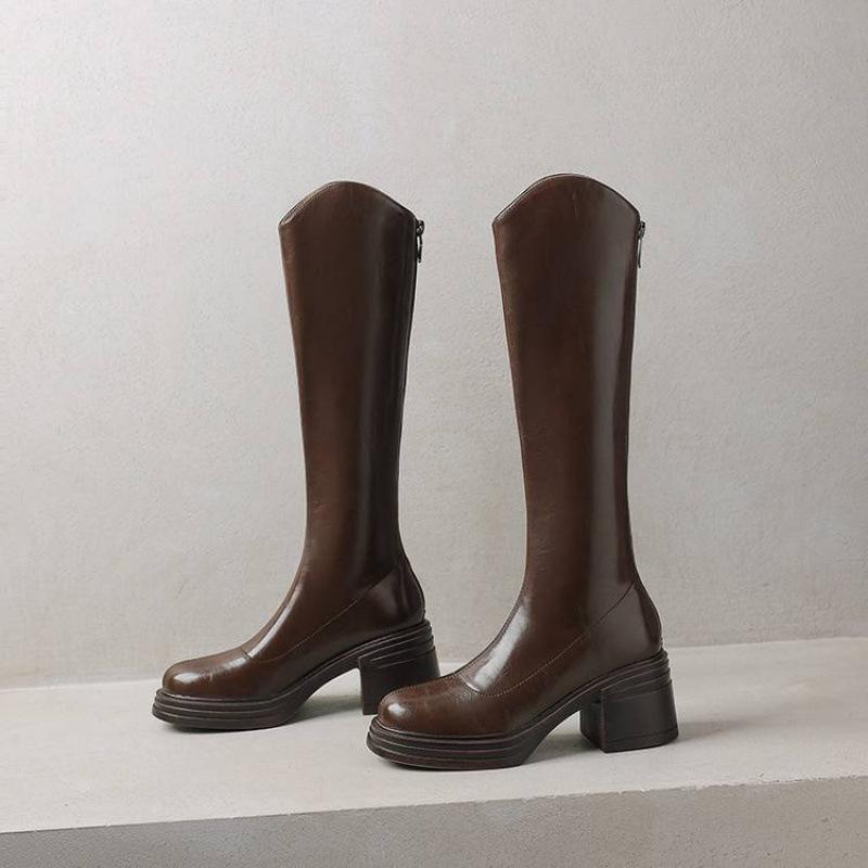 Autumn and Winter Women's Solid Color Large Size Fashion Boots New High Heel Thick Sole Round Head Comfortable Zipper Square Heel Women's Boots