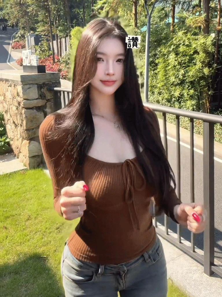 Koreanischer Stil Quadratischer Ausschnitt Langarm Enganliegend Geripptes T-Shirt für Damen - Herbst Winter Bindung Vielseitiges Oberteil