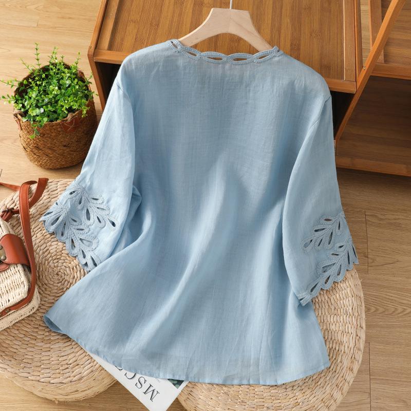Stylish Blue Ramie Top: Unique & Loose Fit, Pretty Short-Sleeved Shirt for Women, Summer 2025