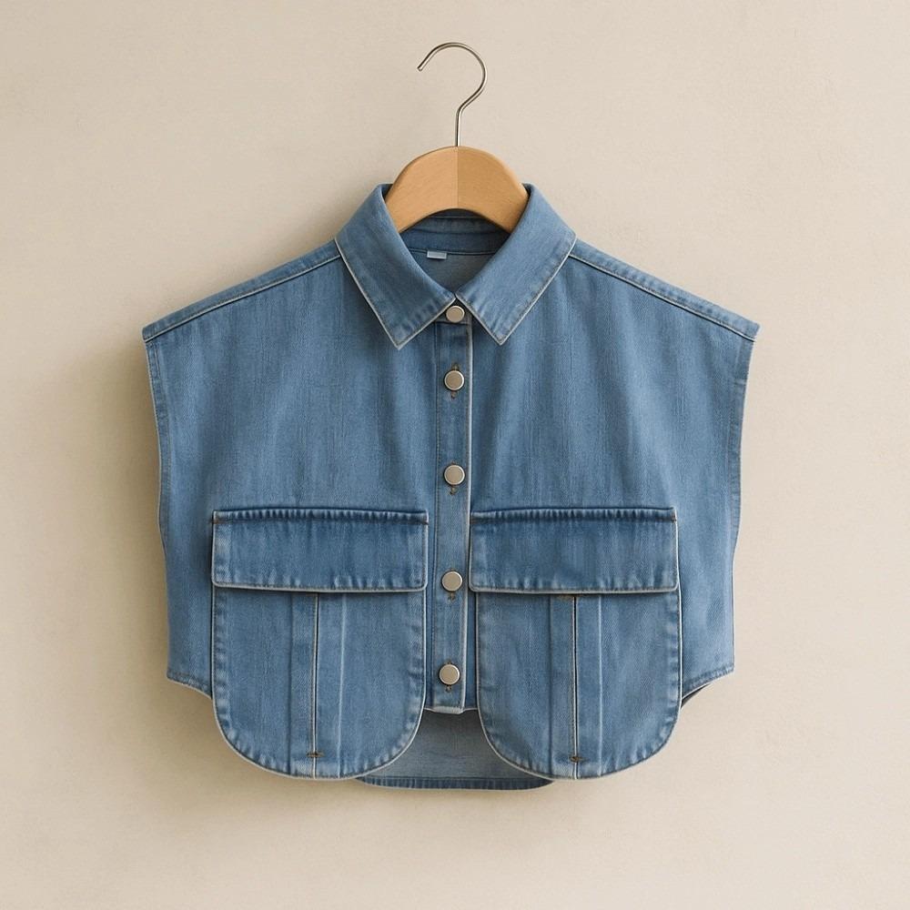 Patchwork Cropped Denim Shirt with Large Pocket Loose Denim Shirts  Commuting Tops