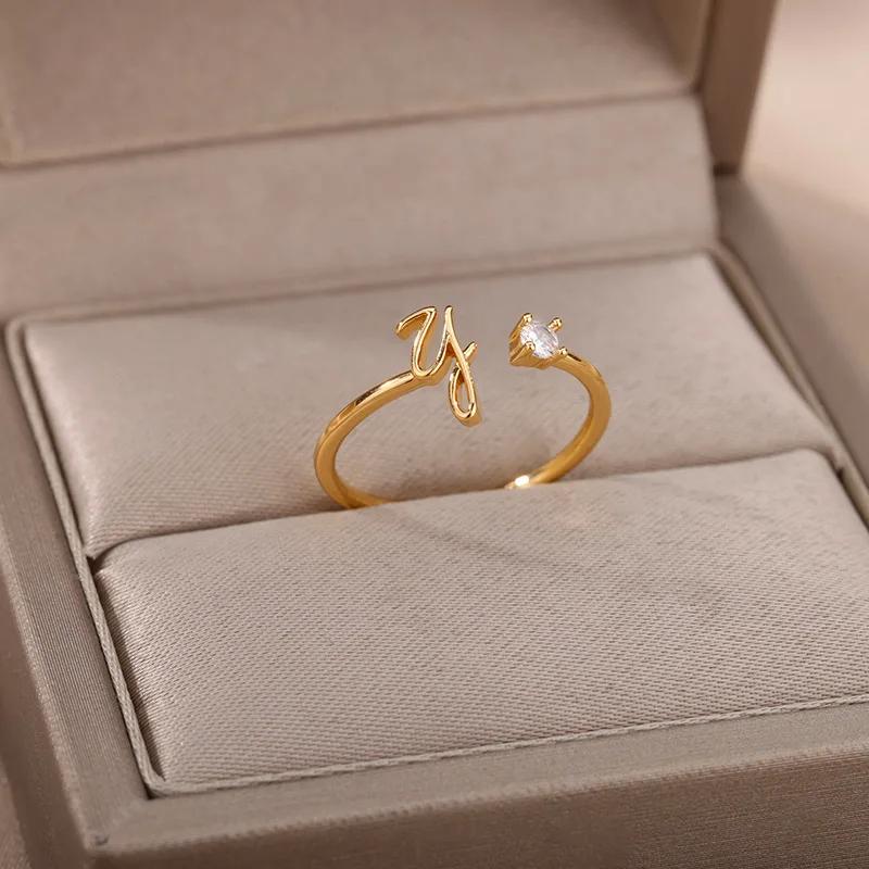 Tiny Initial Letter Rings For Women Stainless Steel A-Z Letters Adjustable Ring Female Christmas Aesthetic Jewelry