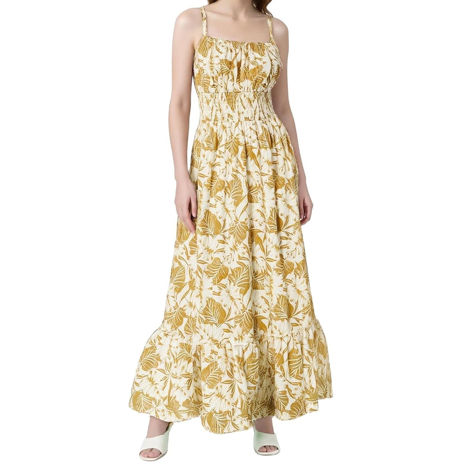 

Цветочное платье в стиле бохо для женщин с оборками на подоле, без рукавов, длинное платье на тонких бретельках, присборенное, пляжное длинное платье XL жёлтый