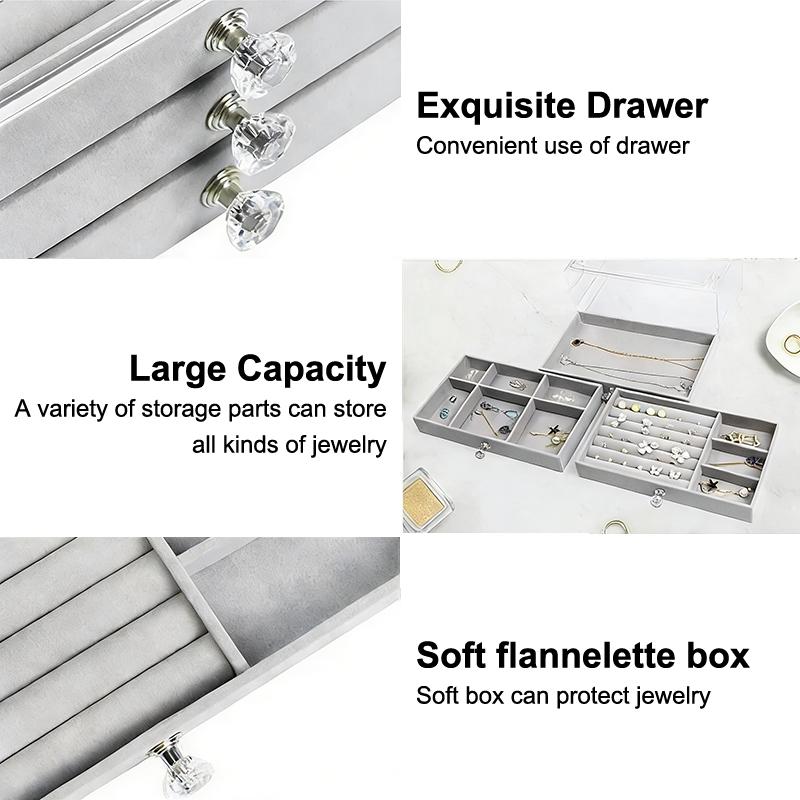 Velvet Jewelry Organizer With 3 Drawers Stackable Display Storage Earrings Necklace Bracelets Box