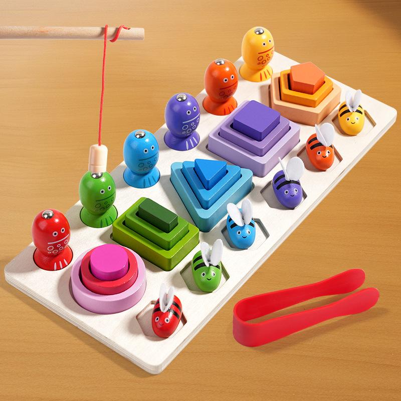 3-in-1 clip bee set column children's enlightenment hand-eye coordination logical thinking ability training magnetic fishing toy