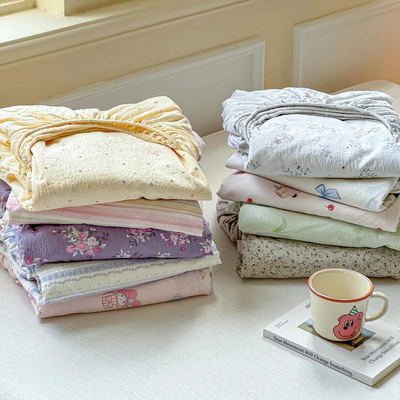 Washed Cotton Fitted Sheet with Elastic Bands Non Slip Adjustable Mattress Cover Printed Pure Cotton Bed cloth Skin-friendly Bed Cover