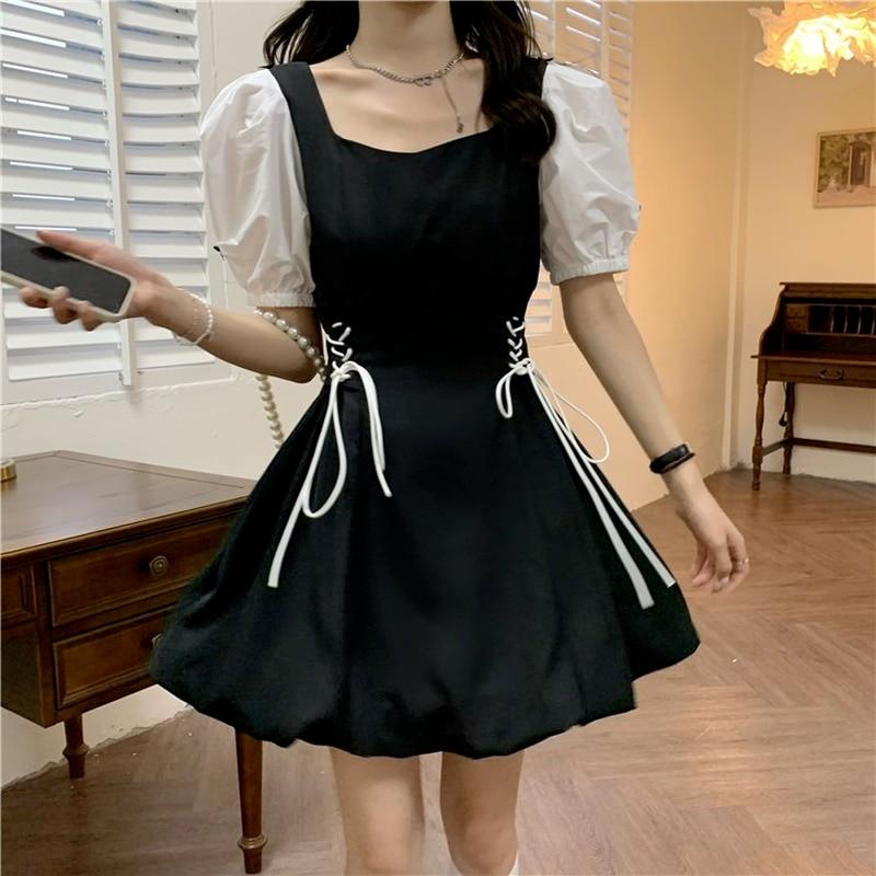 

Sqaure Collar Bandage One Piece Dress Korean 2021 Summer Design Elegant Mini Dress Women Casual Gothic Black Y2k Dress Female