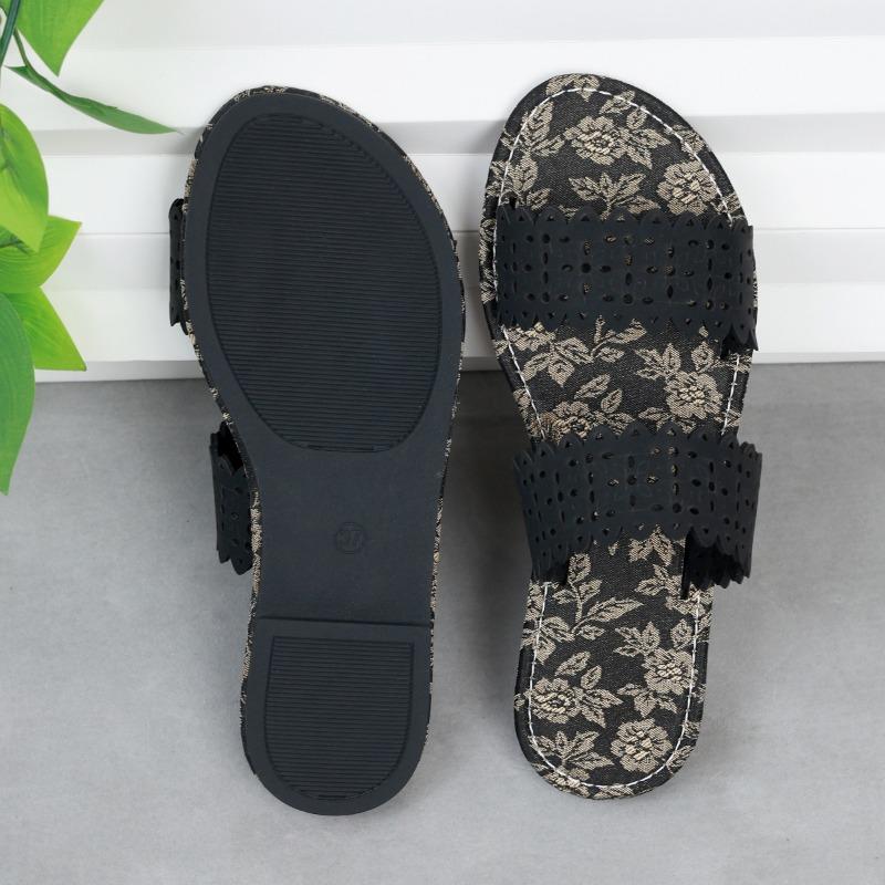 Summer Outer Wear One Word Flip Flops Printed Hollow Out Fashion Lightweight Casual Sandal Flops