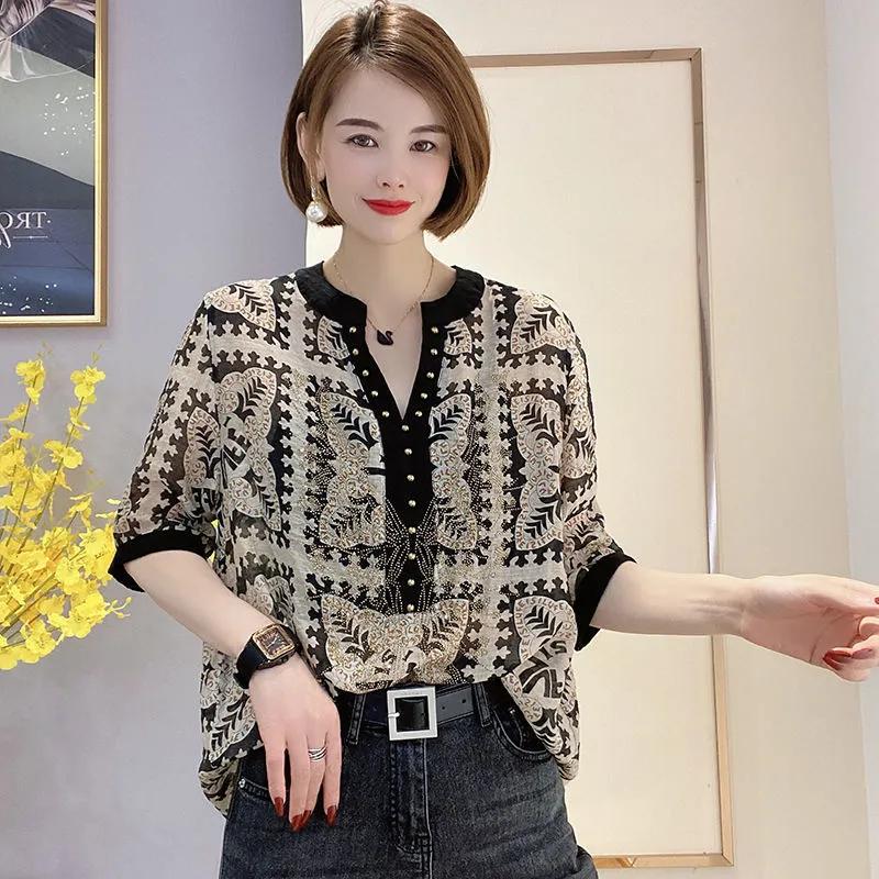 

Women Summer Short Sleeve Elegant Casual Printing Pullovers Loose Temperament Shirt XS чорний