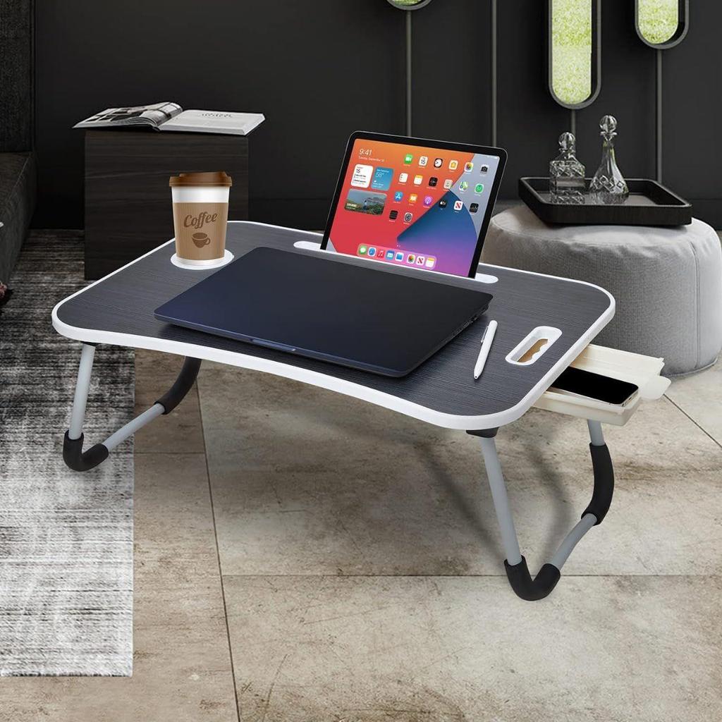 Engineered Wood Foldable Laptop Table with Cup Holder, Tablet Groove and Mini Drawer