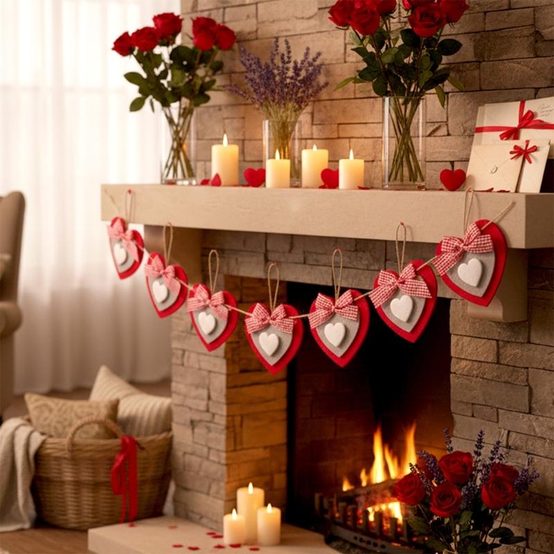 6Pcs Valentine's Day Heart Shape Ornament Felted Cloth Heart Pendants for Mantels Wall Window Door Tree Display