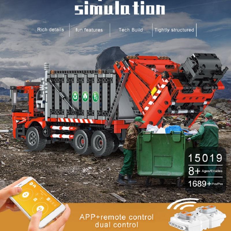 MOULD KING 15019 Technické hračky do auta pro kluky Model motorového popelářského vozu Stavebnice MOC-38031 Cihly Dětské Vánoční dárky