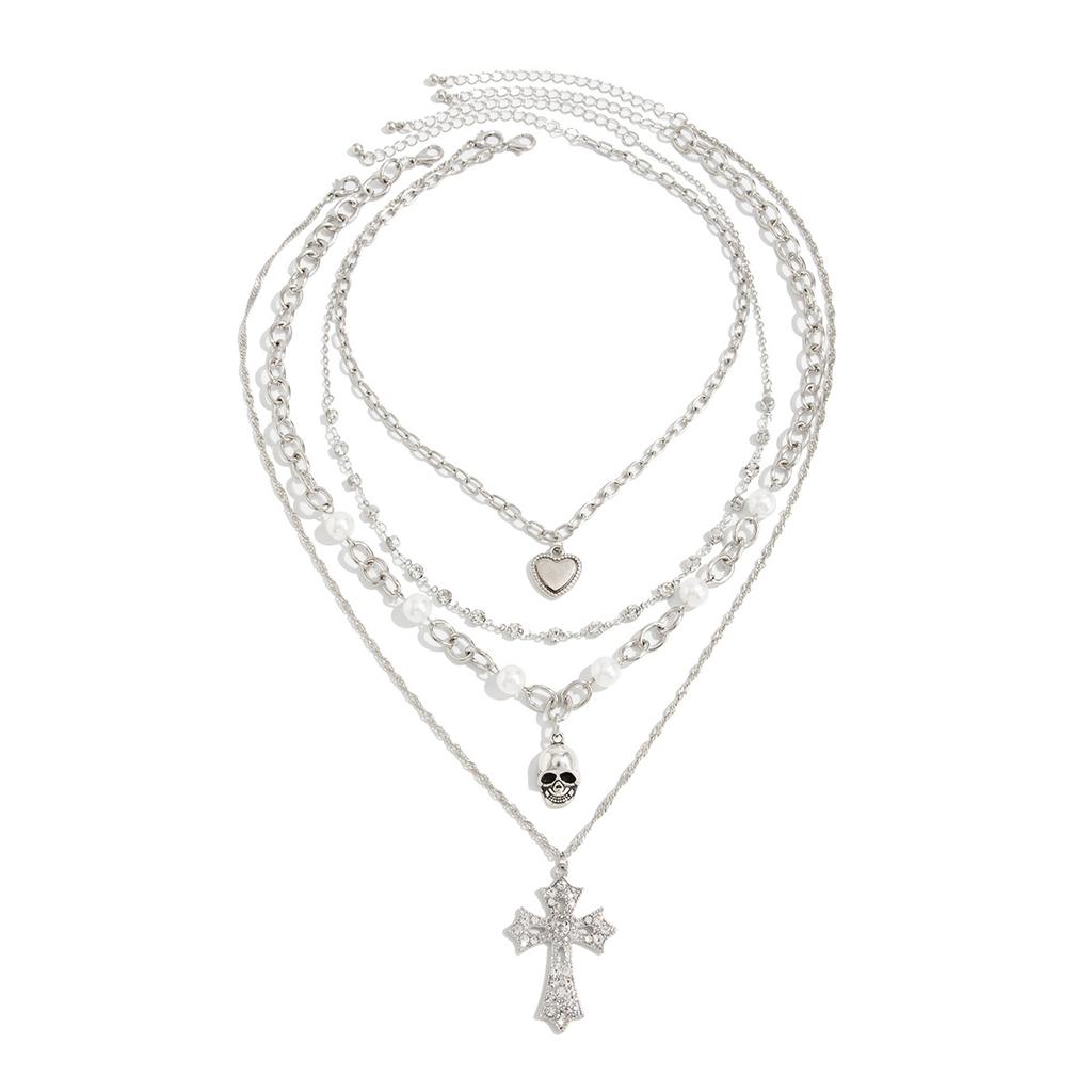 Gothic Diamond Cross Stacked Collarbone Chain, Sweet And Cool Love Skull Pendant Necklace
