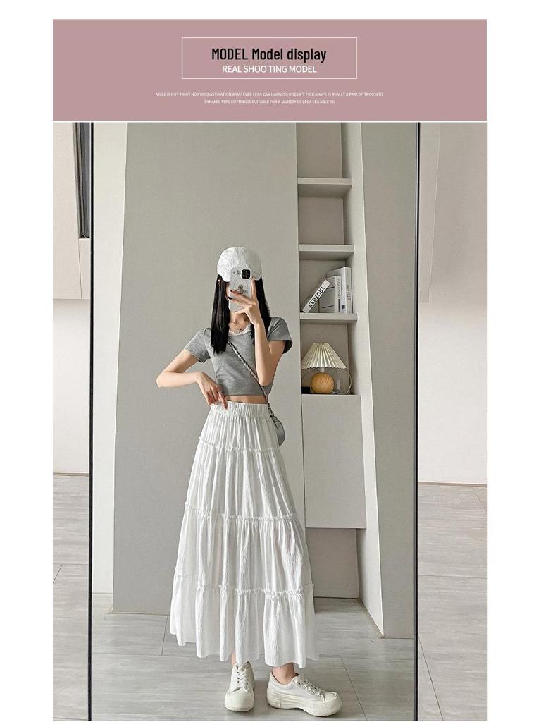 Korean Style Puffy White A-Line Skirt for Women - High Waist, Mid-Length, Spring/Summer 2025
