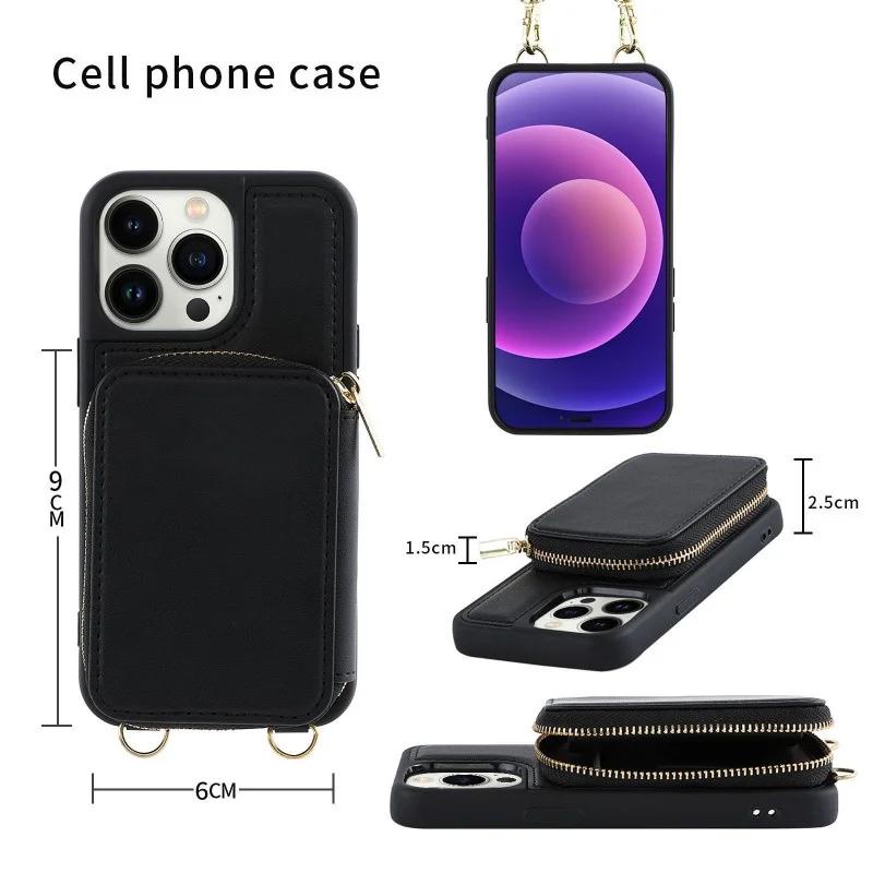 Crossbody Long Strap Leather Phone Case For iPhone 15 Pro Max 14 Plus 13 12 11 Pro Zipper Wallet Card Bag Cover with Lanyard