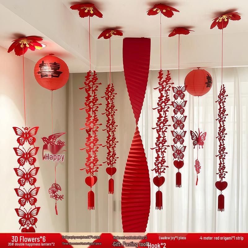 Wedding Ceiling Decoration: Double Happiness Pull Flower Ornament for Bedroom