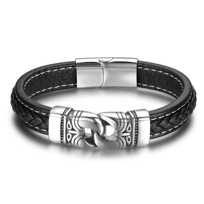 Moda Cadena de Acero Inoxidable Pulsera de Cuero Negro 220mm Pulseras y Brazaletes Hombre Vintage Trenzado Masculino Joyería Para Hombres