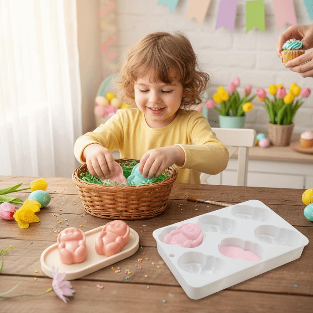 DIY Project 6-Cavity Easter Bunny Mold Rabbit Shape Reusable Mousse Cake Mold Non-Stick Flexible Chocolate Mold Soap Making