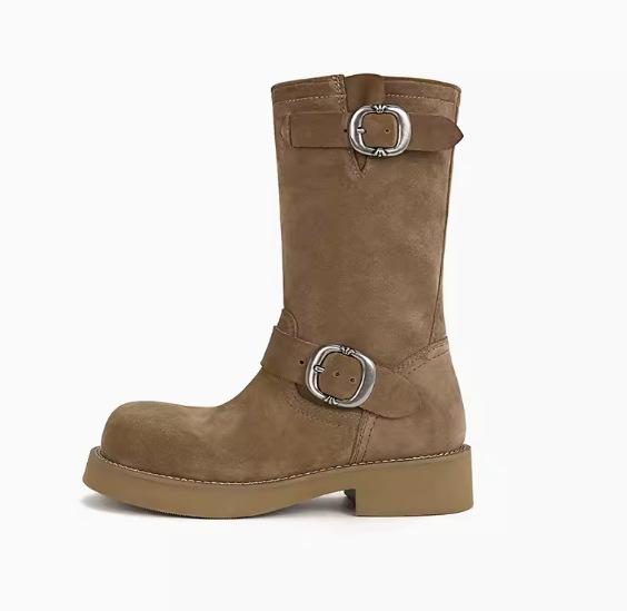 Cowhide Version~ Grape Mother Retro Martin Boots Metal Buckle Round Head Knight Boots Polished Locomotive Stack Short Boots Women