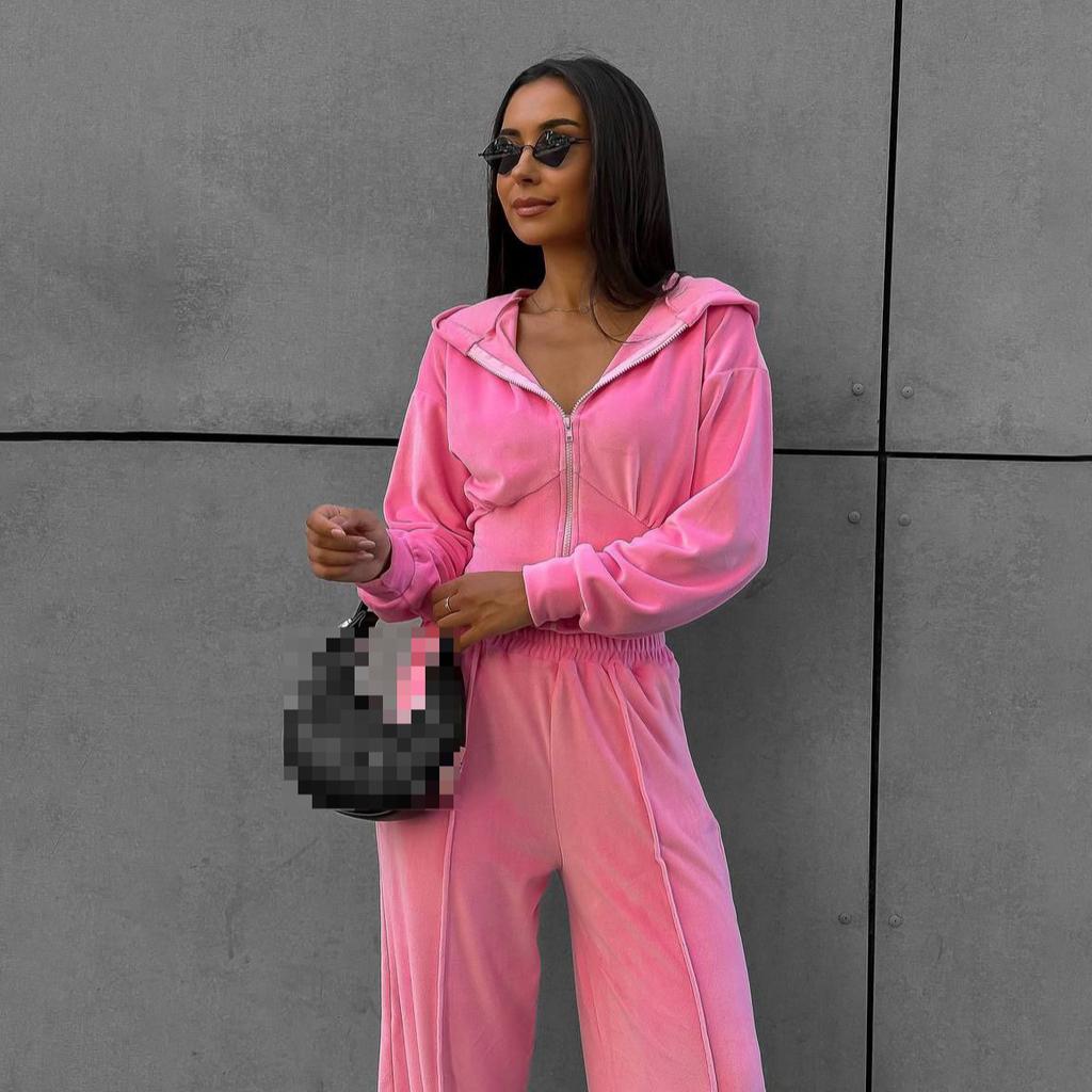 Spice Girl Waist Solid Color Slim Zipper Velvet Jacket Suit Street Style Fashionable Versatile Casual Trousers Women