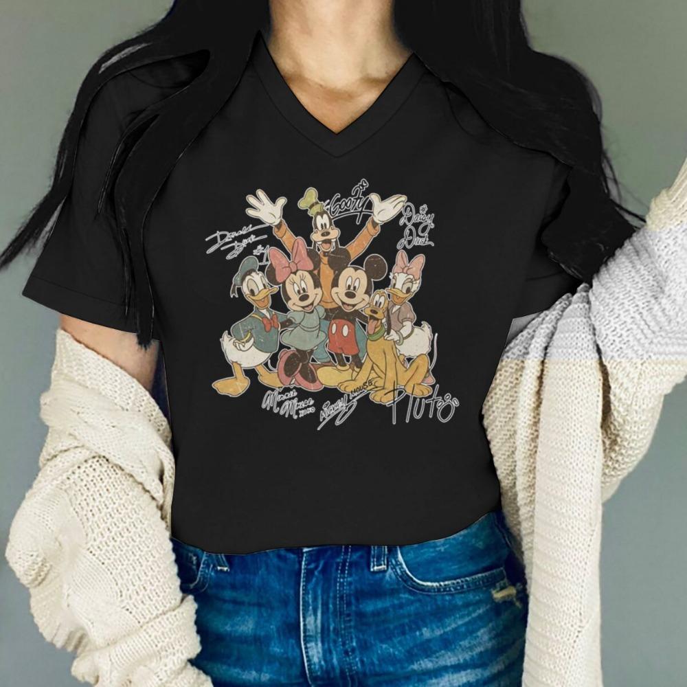 Vintage Mickey and Friends Graphic T Shirts Women Signature V Neck T-Shirt Retro Cartoon Graphic Tees Casual Short Sleeve Tops