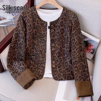 Si Baishe Women's Maillard Leopard Print Round Neck Short Jacket