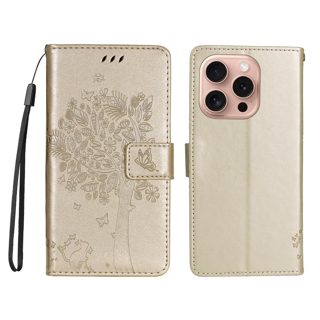 For iPhone 16 Pro Phone Case with Stand Cat Tree Pattern Leather Wallet Mobile Cover
