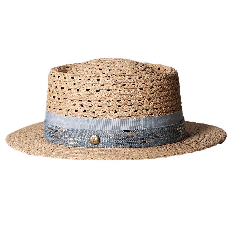 New Hollow Flat Top Straw Hat Women's Summer Straw Shade Sunscreen Hat Seaside Vacation Versatile Big Eaves Sun Hat