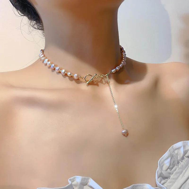 Romantic Pink Baroque Freshwater Pearl Choker Necklace For Women With Gold OT Toggle Clasp Pendant Jewelry