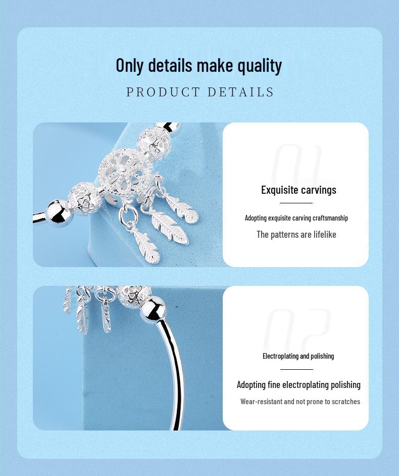 S999 Sterling Silver Dreamcatcher Bangle - Pure Silver Bracelet for Women, Perfect Qixi Festival Gift for Girlfriend or Bestie