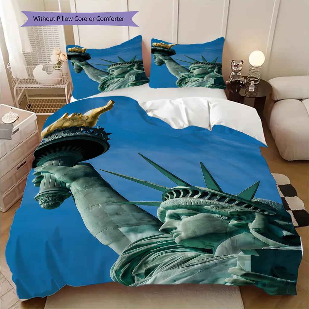 Patriotic Theme Statue of Liberty Bedding, Duvet Cover, Pillowcase, Home Decoration, Birthday Gift (1 * Duvet Cover+2 * Pillowcase, Coreless)
