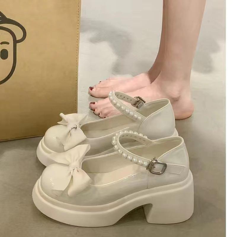 Mary Jane small leather shoes women's thick sole heightening sweet bow shallow mouth single shoes one-word buckle women's shoes