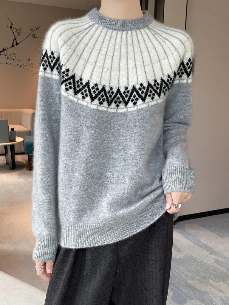 Autumn/Winter 100% Pure Wool Versatile Color Block Long Sleeve Sweater for Women - Soft, Loose Fit Jacquard Design