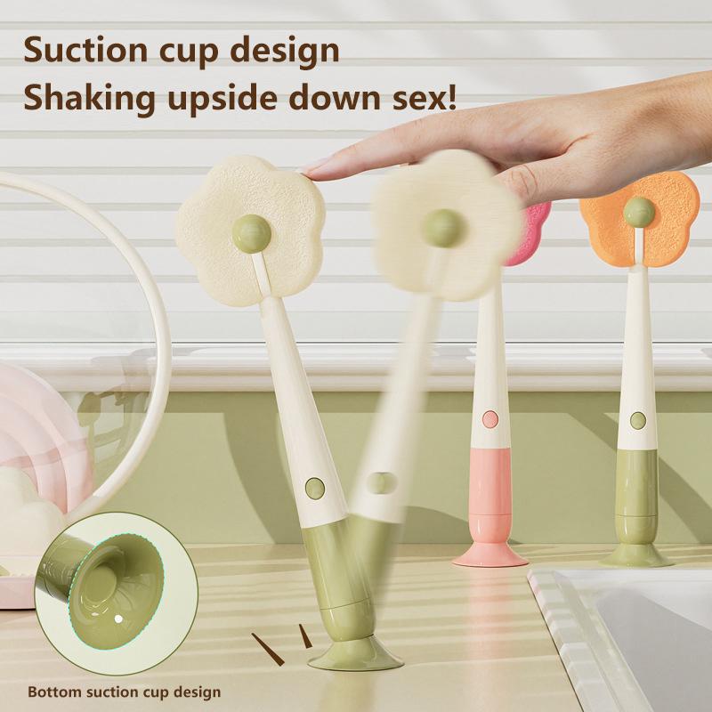 1 szt. Szczotka do czyszczenia kubków 3 w 1 w kształcie kwiatka z długim uchwytem, podstawką z przyssawką, wyjmowaną szczotką do szczelin, szczotką do kubków, zmywakami do kubków