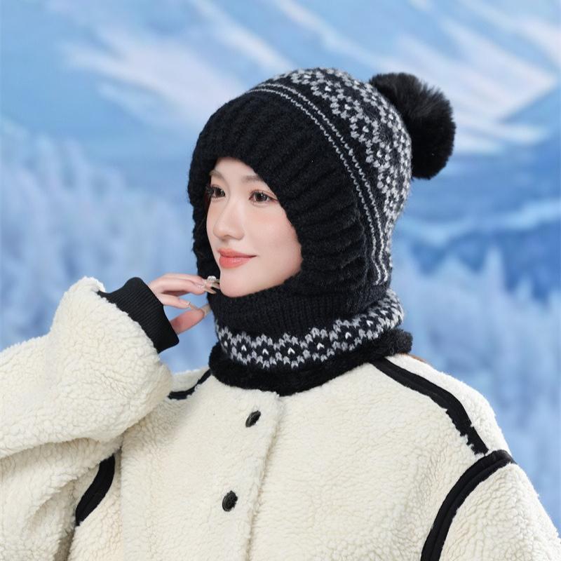 Love Jacquard Warm One-piece Hat Women's Winter Plush Pullover Ear Protection Plush Line Scarf One-piece Hat